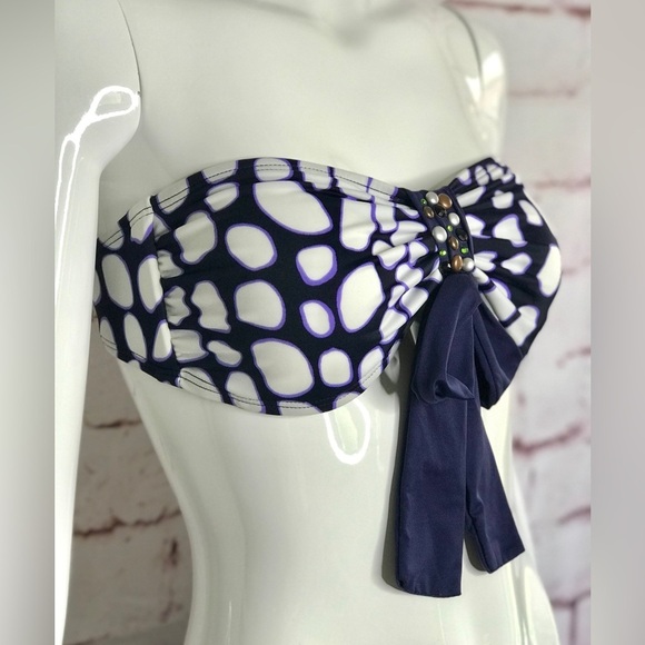 ST. JOHN Pebble Size 6 Bandeau & Halter Tie Embellished Swim Top Navy & White - Picture 12 of 15